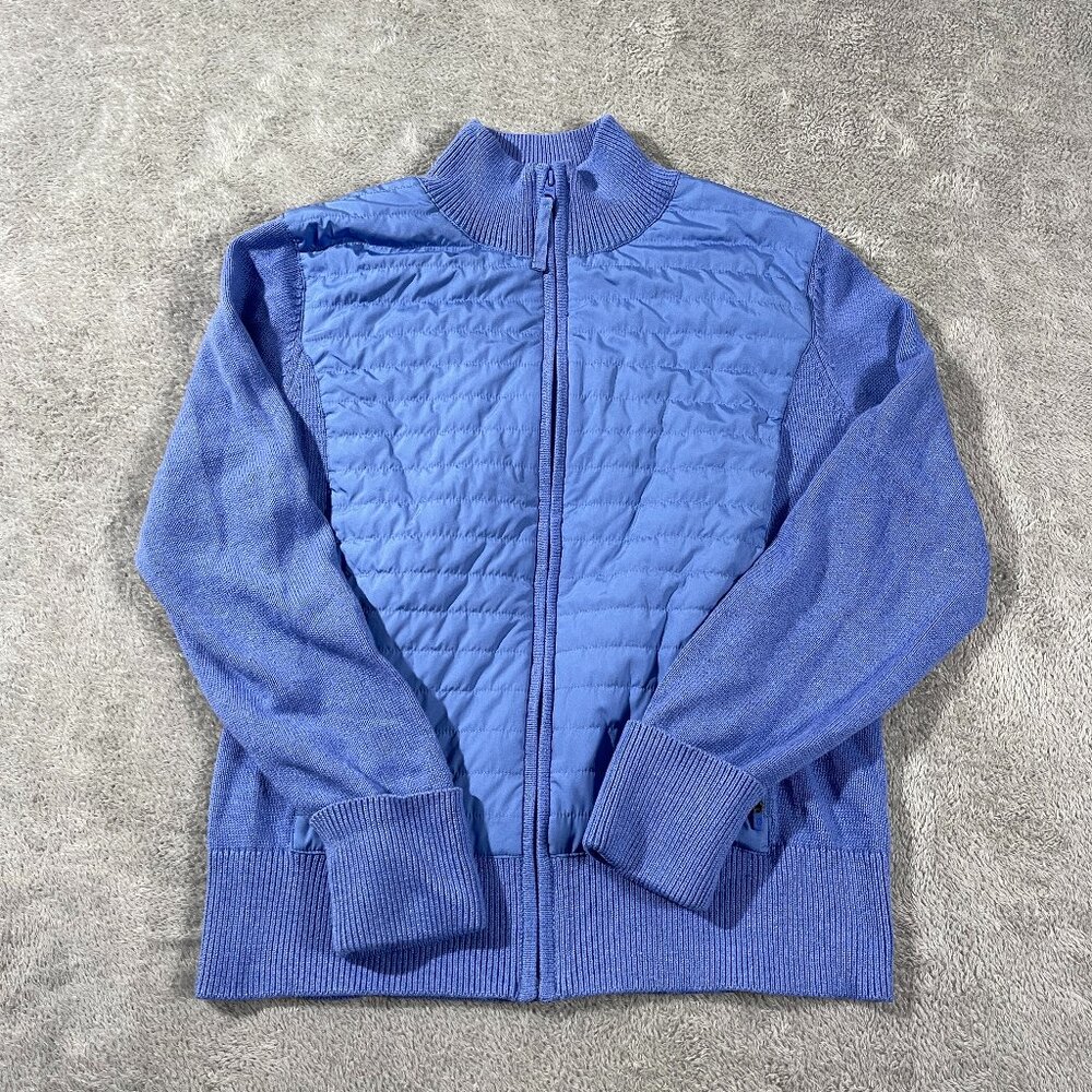 Talbots Coolmax Quilted Sweater Jacket Blue L Zip Straight Hem Winter Comfort